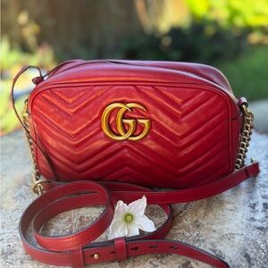 Gucci Red Red GG Matelasse Leather Small Marmont Crossbody Bag